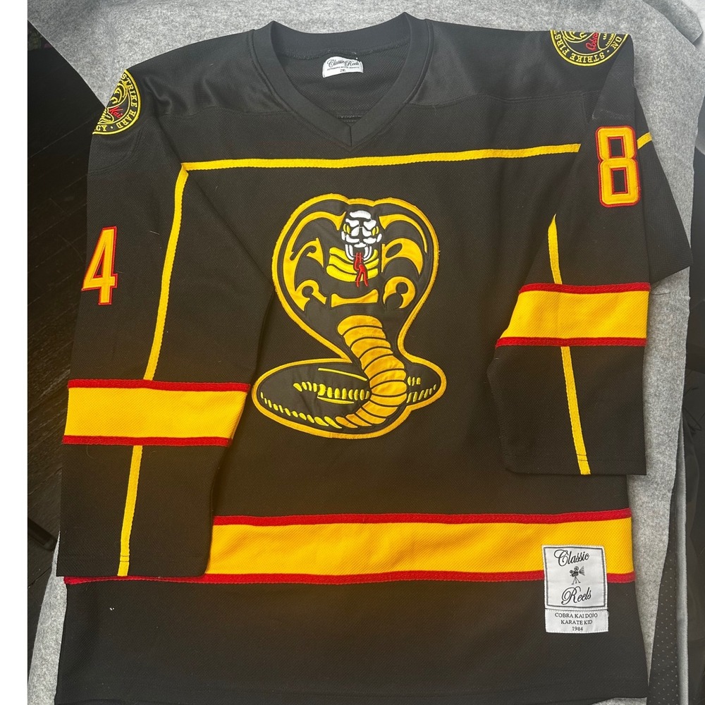 Cobra Kai Strike First Strike Hard No Mercy Karate Kid Jersey Mens Black XL
